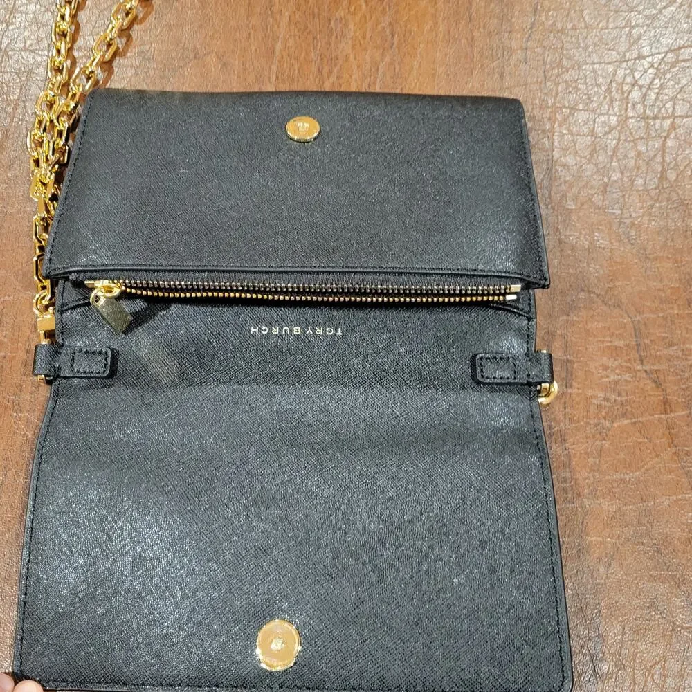 Tory Burch Black Gold tone Chain Leather Shoulder Bag Wristlet/Wallet combo
